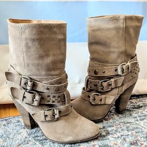 Franco Fortini Itallian Suede Ankle Boots Buckled Taupe Brass Studed Moto Y2K 8